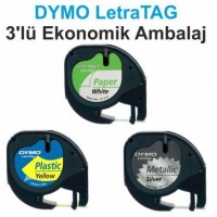 DYMO S0721790 LetraTag 3'Lü Şerit (Kağıt+Sarı Plastik+Gri Metalik) (59431)