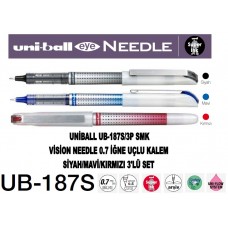 Uniball UB-187S/3P SMK Eye Needle 0.7 İğne Uçlu Kalem Siyah/Kırmızı/Mavi 3'Lü Set