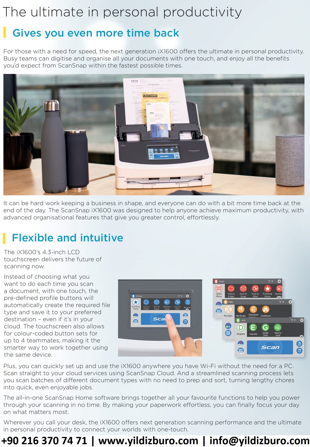 FUJİTSU ScanSnap iX1600 ADF Wi-Fi Tarayıcı 40ppm A4 600x600DPI